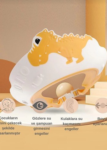 Sarı Dinozor Desenli Bebek Banyo Şapkası - Görsel 2