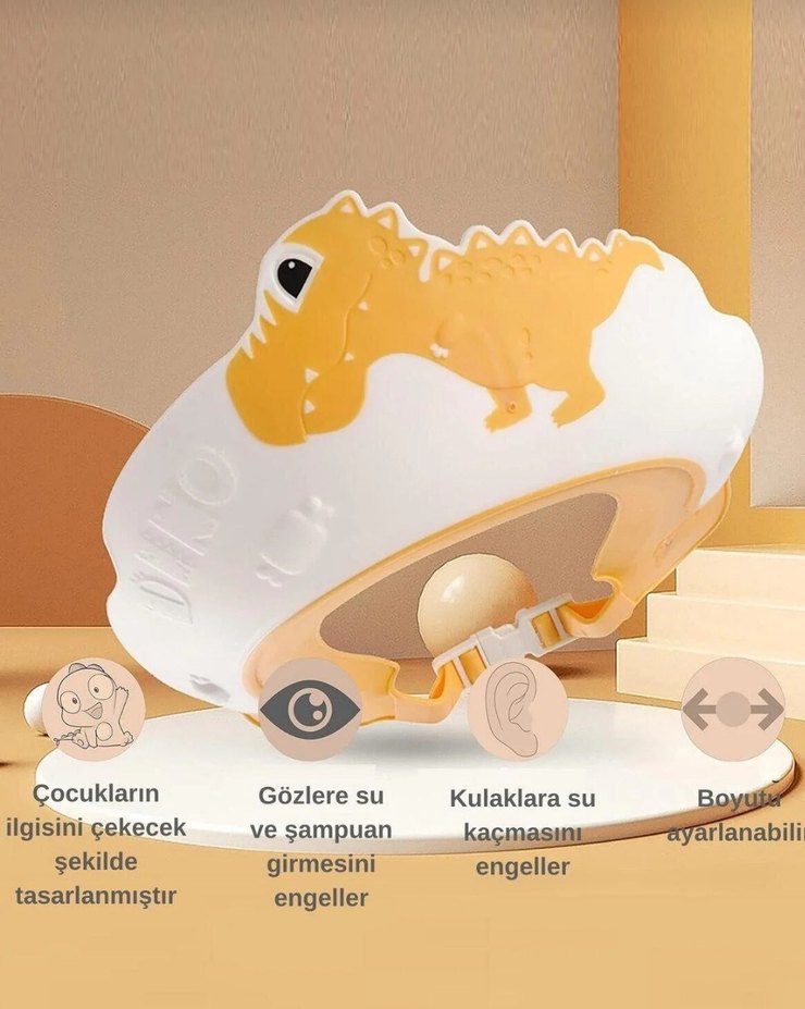 Sarı Dinozor Desenli Bebek Banyo Şapkası - Görsel 2