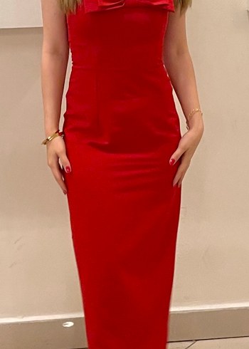 Kırmızı kurdele Uzun Kadın Abiye Elbise straplez - Görsel 2