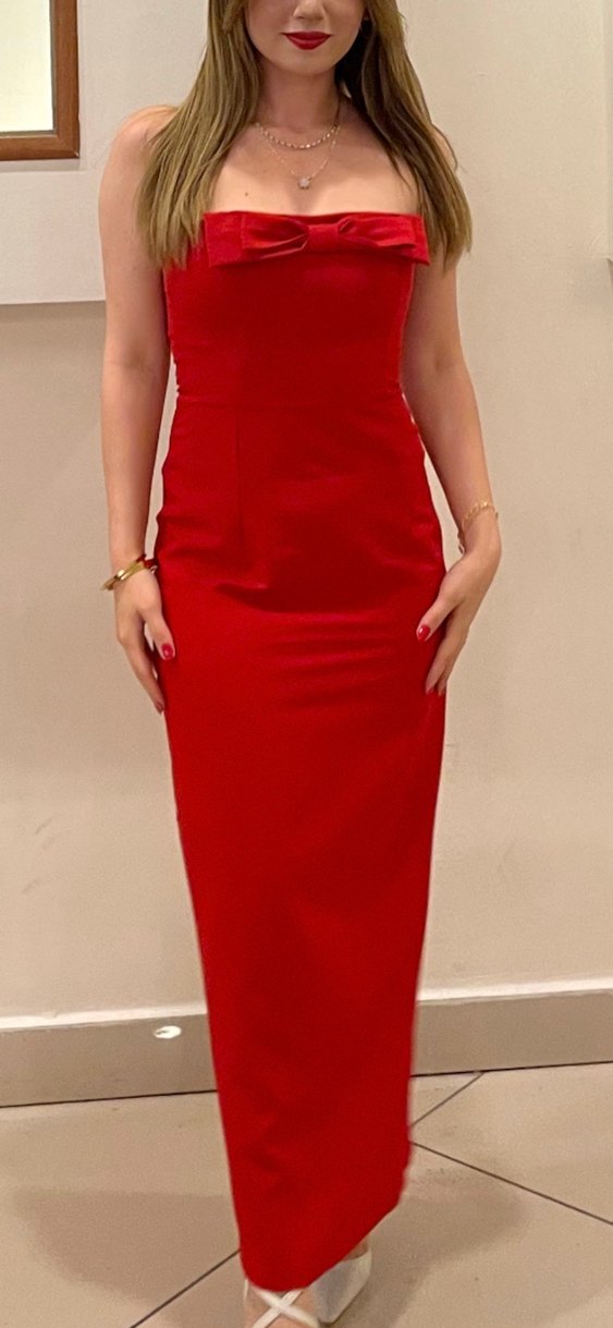 Kırmızı kurdele Uzun Kadın Abiye Elbise straplez - Görsel 2