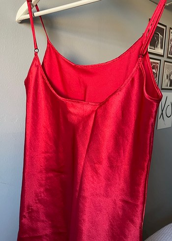 Kırmızı Askılı Midi Saten Elbise gecelik - Görsel 2