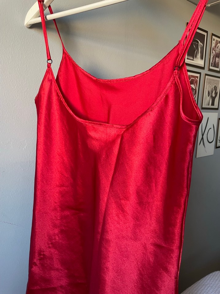 Kırmızı Askılı Midi Saten Elbise gecelik - Görsel 2