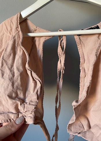 Bej Keten V Yaka Fırfırlı Bohem Bluz dekolteli - Görsel 2