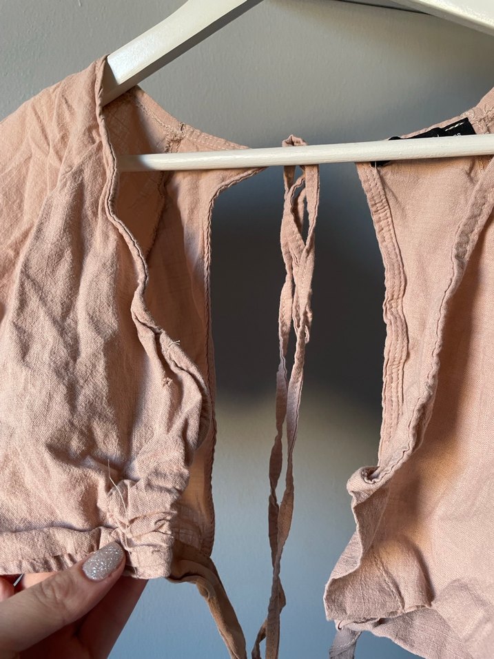 Bej Keten V Yaka Fırfırlı Bohem Bluz dekolteli - Görsel 2