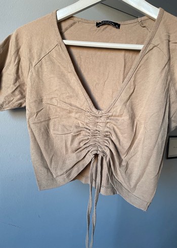 Bej V Yaka Kısa Kollu Kadın  Bluz dekolteli - Görsel 2