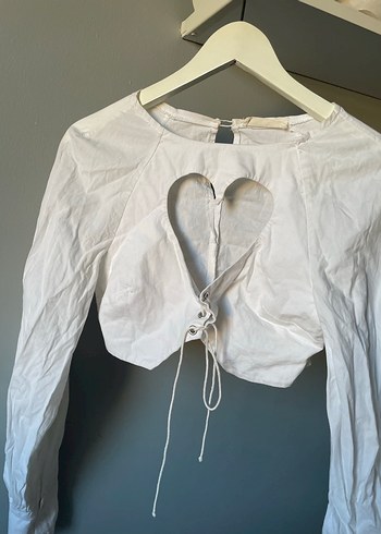 Beyaz Yaka Uzun Kollu Keten kalp dekolte gömlek balon kol t - Görsel 2