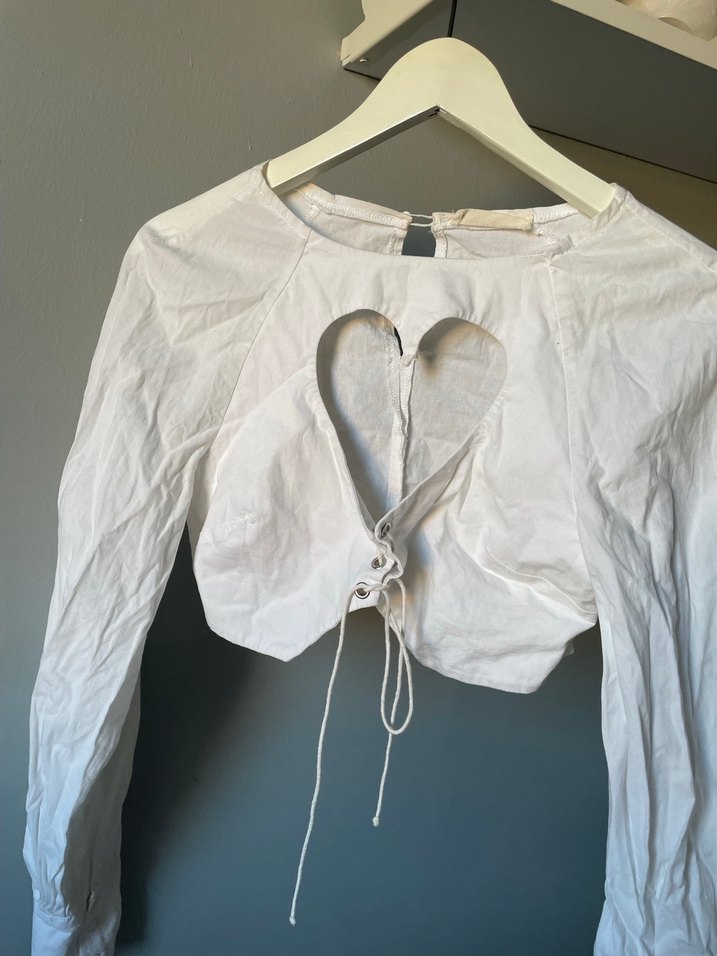 Beyaz Yaka Uzun Kollu Keten kalp dekolte gömlek balon kol t - Görsel 2