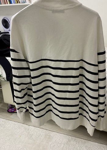 xl Beden Kadın Beyaz Çizgili Yarım Fermuarlı Sweatshirt
