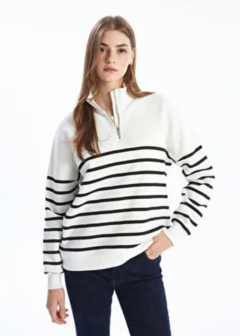 xl Beden beyaz Renk Kadın Beyaz Çizgili Yarım Fermuarlı Sweatshirt