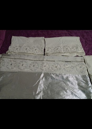 Nakışlı Beyaz Gri Yatak Örtüsü Seti - Görsel 5