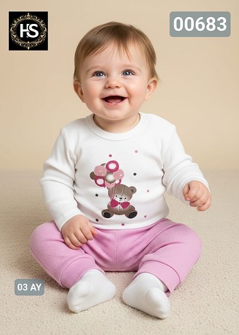 Renkli Baskılı Uzun Kollu Kız Bebek Takımı - Görsel 3