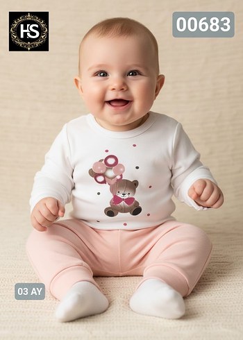 Renkli Baskılı Uzun Kollu Kız Bebek Takımı - Görsel 5