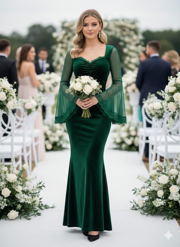 Uzun Kollu Mor V Yaka Gotik Abiye Elbise - Görsel 4