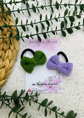 Mor ve Yeşil Örgü Fiyonk Saç Lastiği Seti