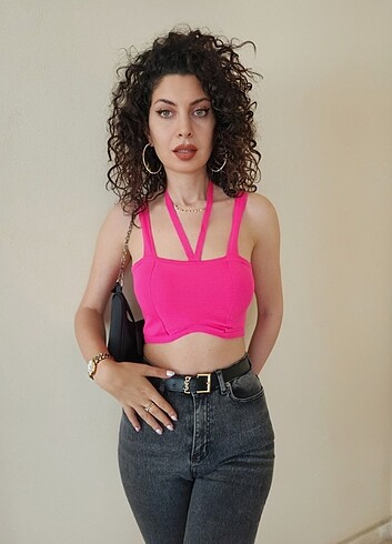 l Beden Fuşya belden bağlanmalı crop top