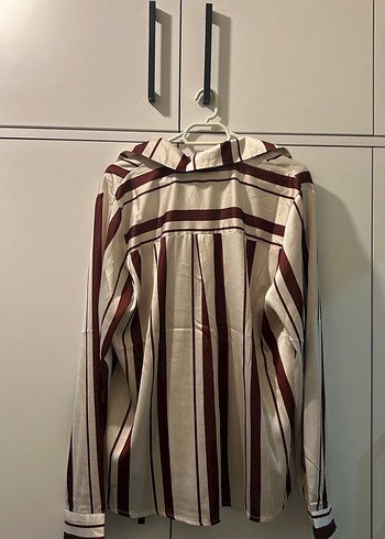 Bordo Çizgili Düğmeli Kadın Gömlek - Görsel 3