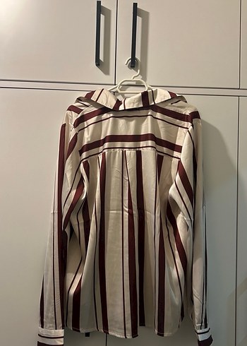 Bordo Çizgili Düğmeli Kadın Gömlek - Görsel 4