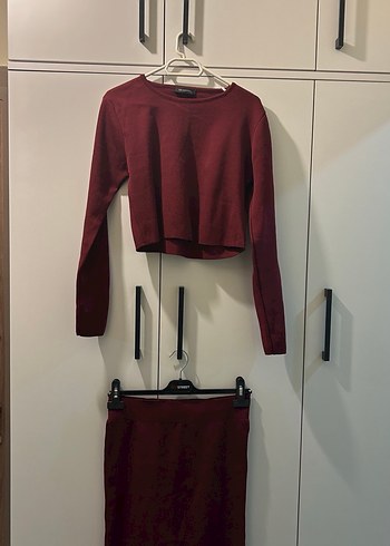 Bordo Kadın İnce Yün Kazak ve Etek 2li Takım - Görsel 6