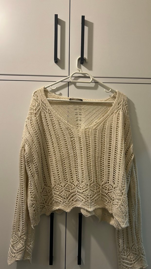 Bej Örgü V Yaka Bohem Kadın Kazak - Görsel 2