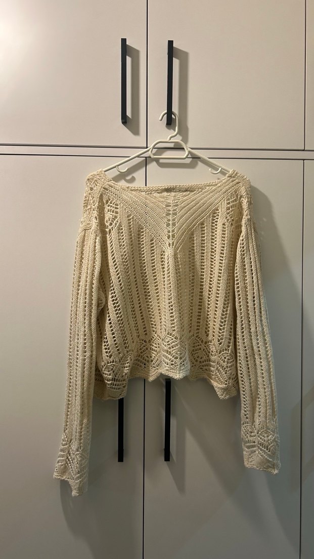 Bej Örgü V Yaka Bohem Kadın Kazak - Görsel 4