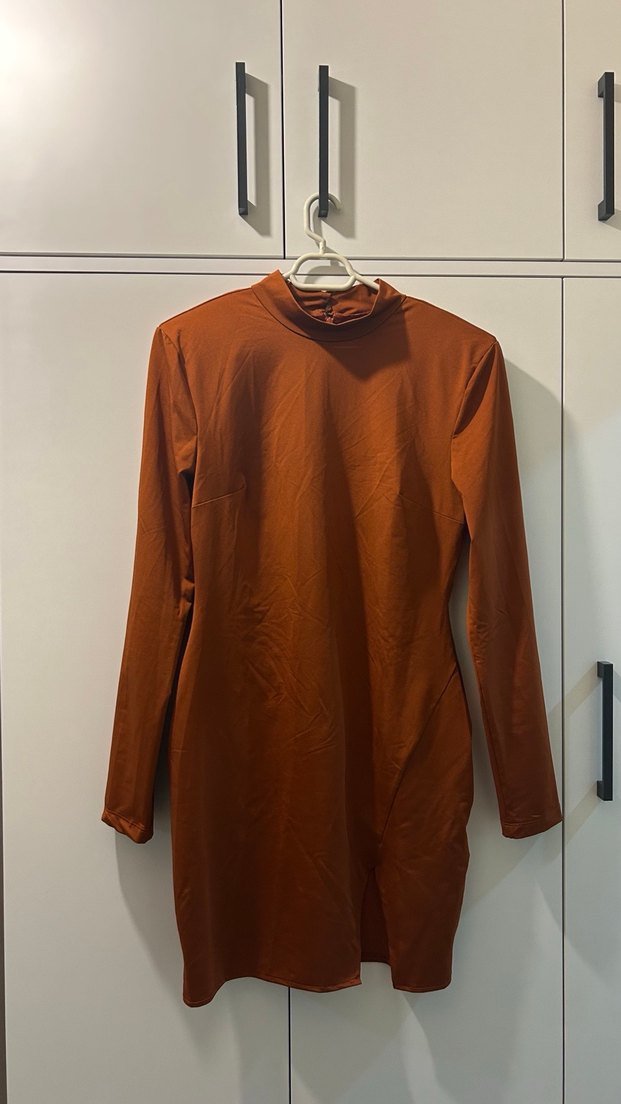 Uzun Kollu Kiremit Midi Triko Elbise - Görsel 2