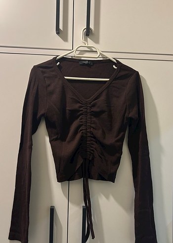 Kadın Siyah V Yaka Keten Uzun Kollu Bluz 2li kahverengi ve siyah - Görsel 5