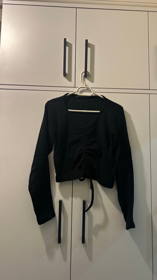 Kadın Siyah V Yaka Keten Uzun Kollu Bluz 2li kahverengi ve siyah - Görsel 3