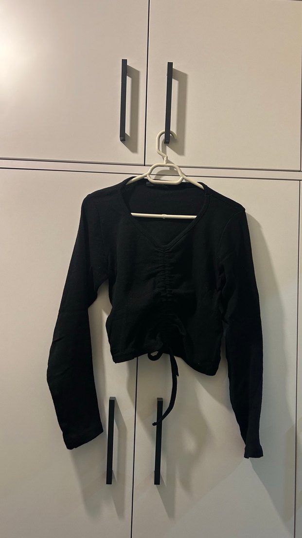 Kadın Siyah V Yaka Keten Uzun Kollu Bluz 2li kahverengi ve siyah - Görsel 2