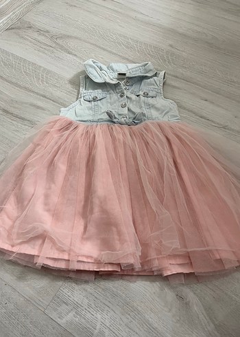 12-18 Ay Beden pembe Renk Kız Çocuk Denim Üstlü Pembe Tütü Elbise