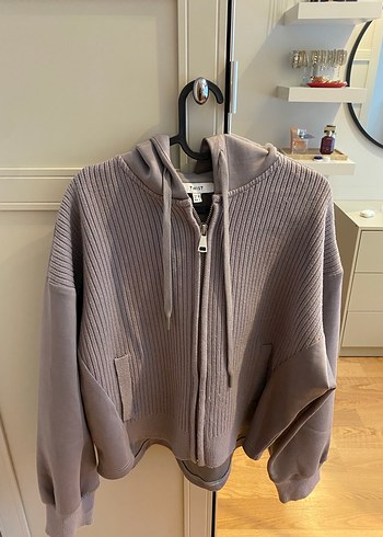 Gri Örgü Kapüşonlu Kadın Sweatshirt