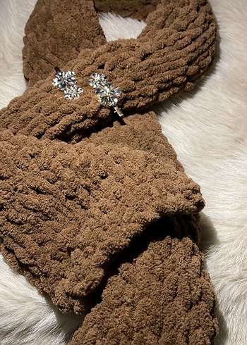 Kahverengi Kürklü Örgü Kadın atkı - Görsel 2