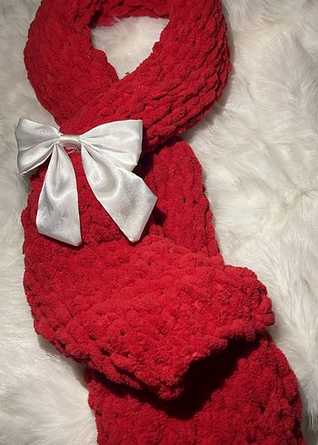 Kırmızı örgü puffy atkı - Görsel 3