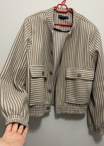 Düğmeli Bej Gri Çizgili Kadın Ceket - Görsel 3