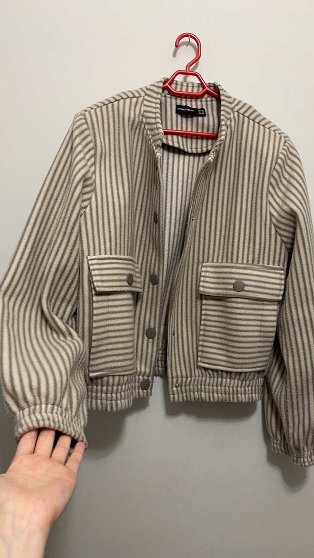 Düğmeli Bej Gri Çizgili Kadın Ceket - Görsel 3