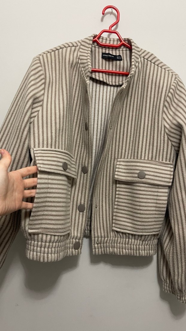 Düğmeli Bej Gri Çizgili Kadın Ceket - Görsel 2
