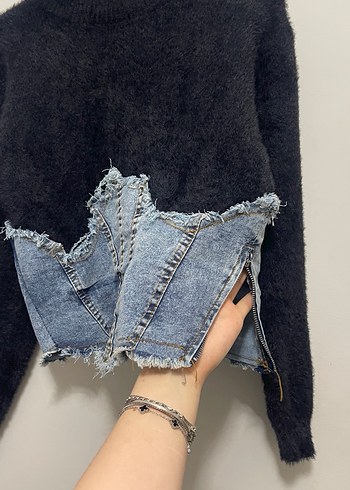 Siyah Triko Denim Detaylı Kadın Kazak - Görsel 2