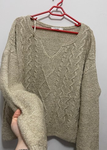 Bej V Yaka Örgü Kadın Kazak - Görsel 2