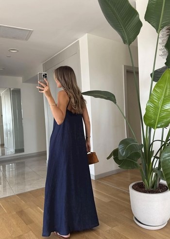 s Beden Butik Merve Aksoy marka lacivert keten maxi boy elbise
