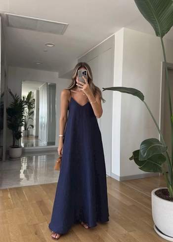 Butik Merve Aksoy marka lacivert keten maxi boy elbise