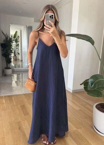 Diğer Butik Merve Aksoy marka lacivert keten maxi boy elbise
