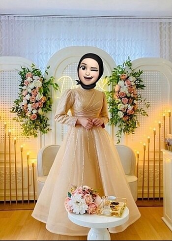 Abiye Bej Drapeli Uzun Kollu Uzun Abiye