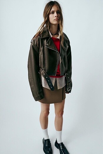 s Beden ZARA SUNİ DERİ CROP BIKER CEKET