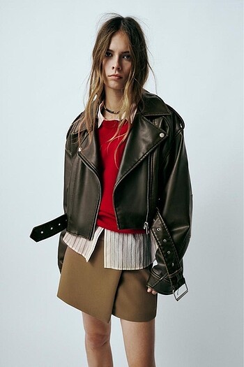 s Beden kahverengi Renk ZARA SUNİ DERİ CROP BIKER CEKET