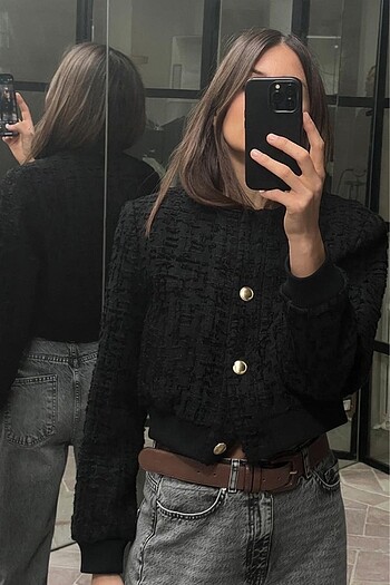 l Beden siyah Renk ZARA DOKULU BOMBER CEKET