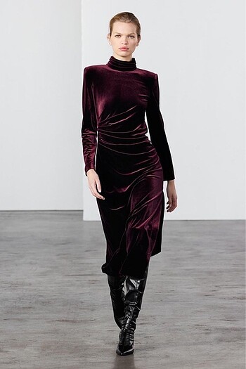 s Beden bordo Renk ZARA ZW COLLECTION DRAPE KADİFE ELBİSE