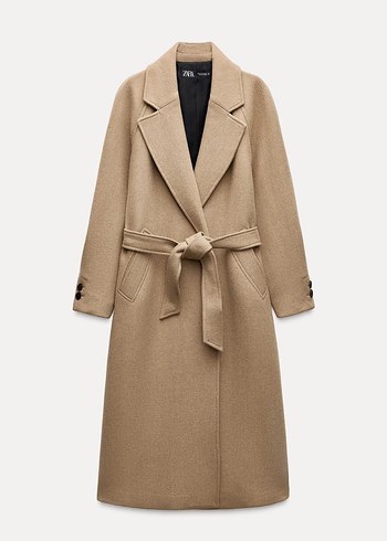ZARA UZUN BOY KEMERLİ YÜN KARIŞIMLI KABAN