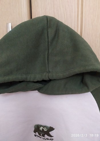 Kapüşonlu Beyaz ve Haki Sweatshirt - Görsel 5