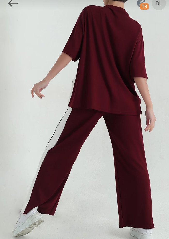 Bordo Beyaz Şeritli Rahat Kadın Eşofman Takımı - Görsel 2