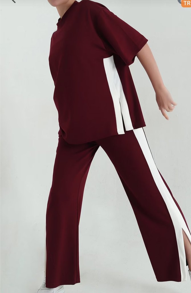 Bordo Beyaz Şeritli Rahat Kadın Eşofman Takımı - Görsel 3