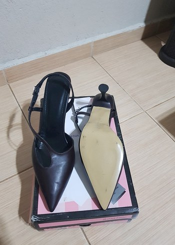 40 Beden Kahverengi Deri Stiletto Kadın Topuklu Ayakkabı